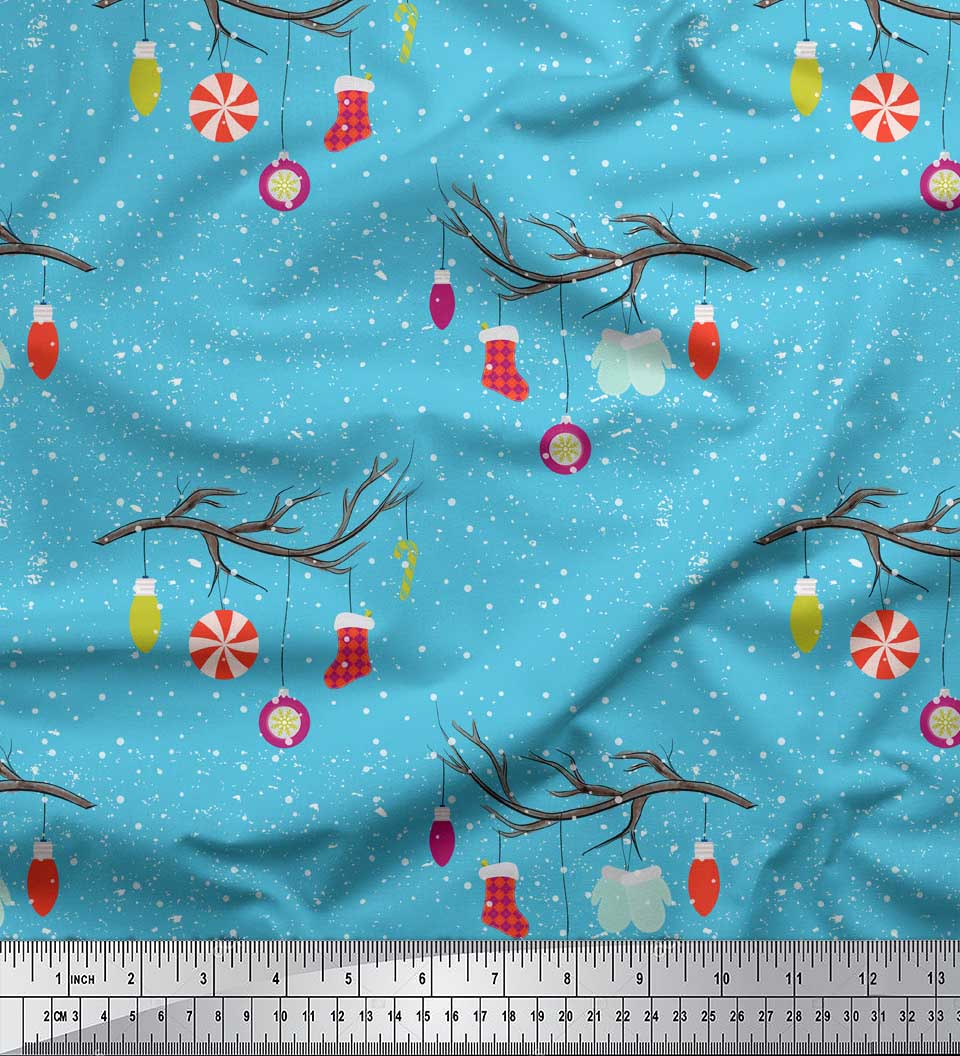 

Soimoi Blue Japan Crepe Satin Fabric Branch,Socks & Ornaments Vintage Print Тканина на метри 42 дюйма 42 Inch Wide - Poly Crepe синій