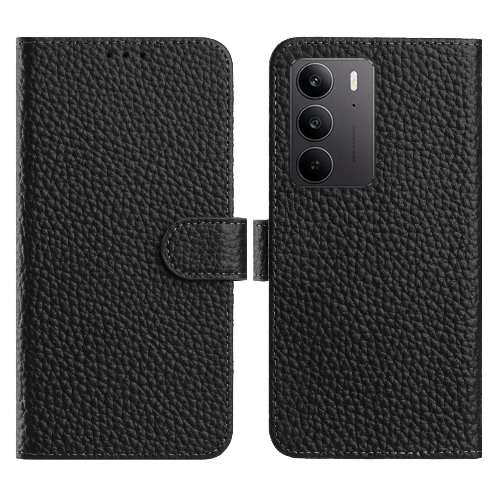 

Flip Phone Case For Realme C75 4G/P3x 5G/Narzo 80x 5G Wallet Stand Litchi Texture Genuine Cow Leather Cover Black