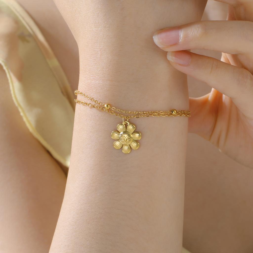 Teamer Bohemian Flower Charm Bracelet Stainless Steel Adjustable Double Layer Beads Chain For Women Fashion Sweet Jewelry Gift