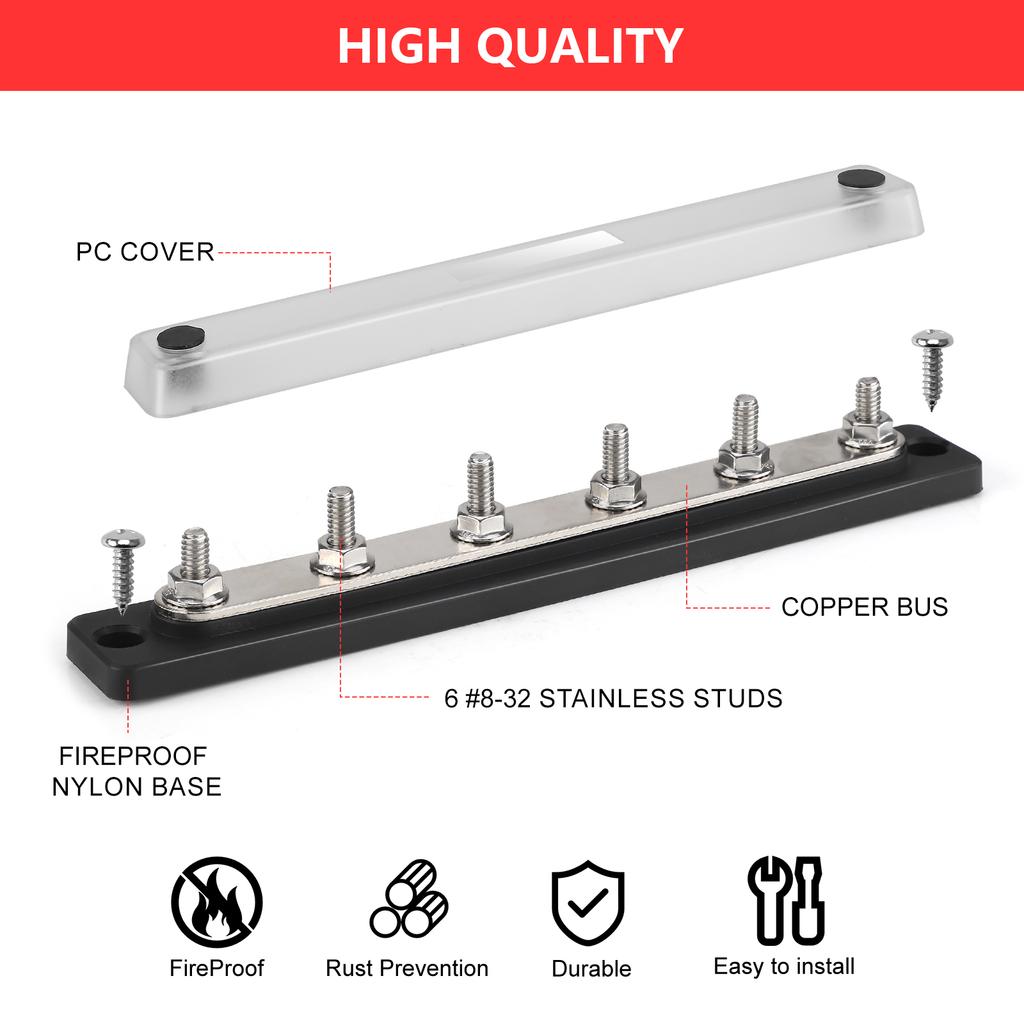 Power Distribution Block 6 x 1/4 Studs Black 12V-36V 150A M6 6 Position with Cover 10-32 Brass Studs Nuts For Automotive Marine