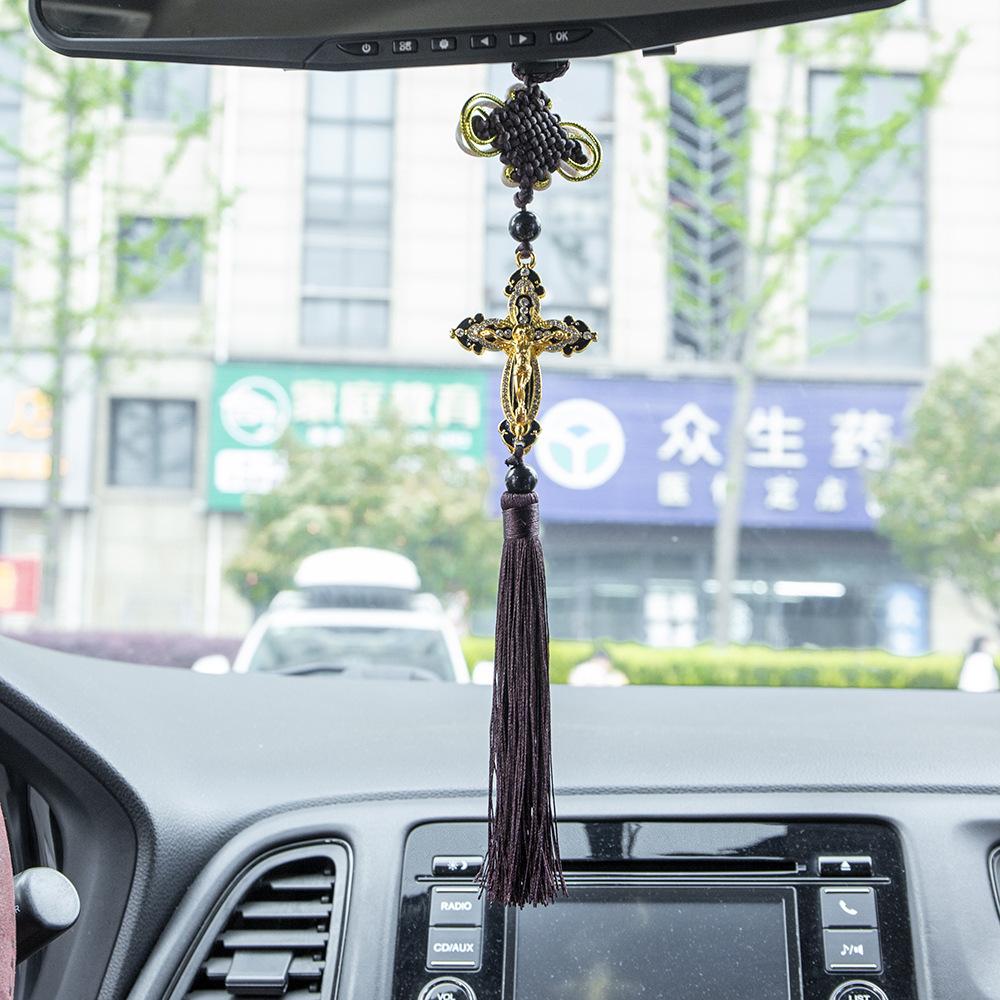 Classic Style Cross Pendant Chinese Knot Black Tassel Car Rearview Mirror Holder for Car Interior Decoration