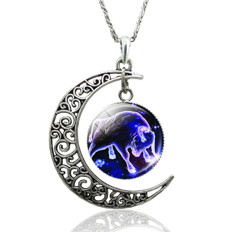 12 Constellation Necklace Zodiac Signs Cabochon Glass Crescent Moon Pendant Clavicle Chain Necklace Birthday Gifts for Women