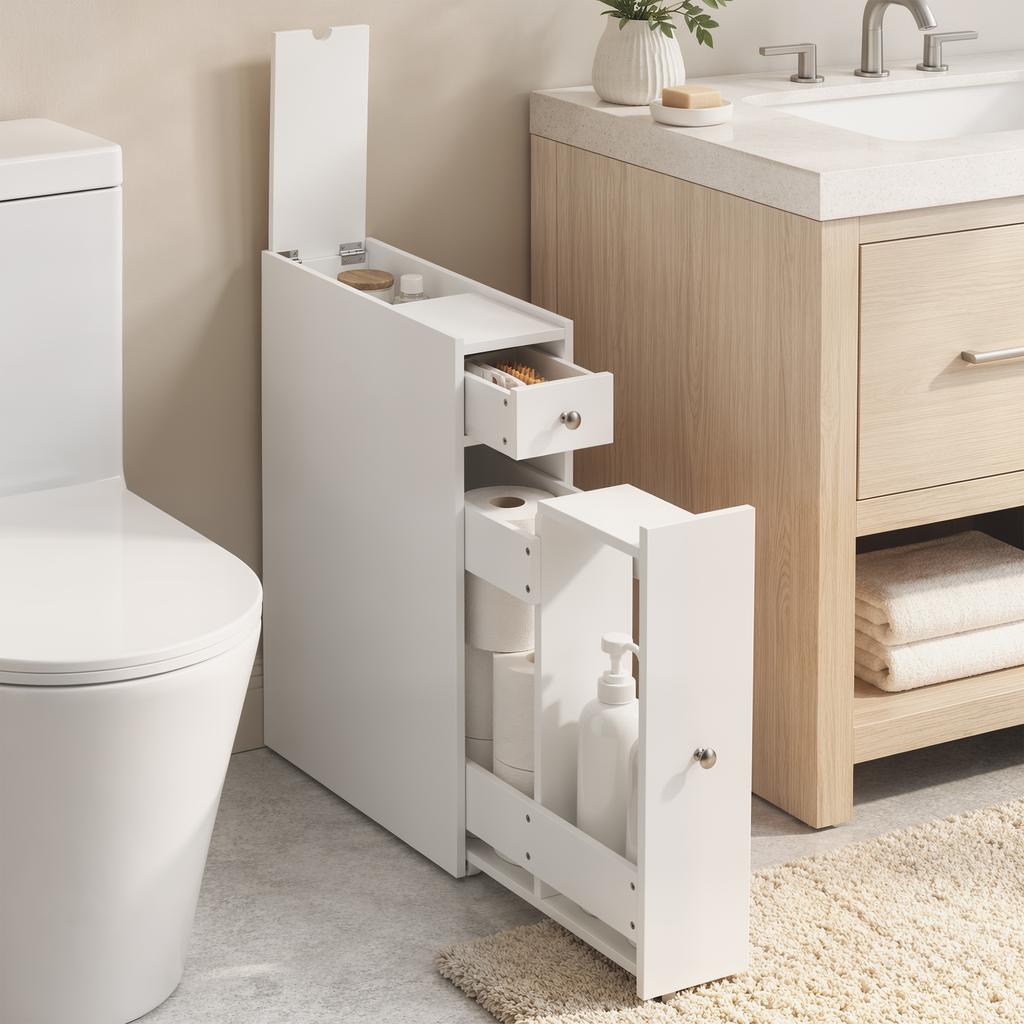 Narrow Bathroom Cabinet, Freestanding Bathroom Cabinet with 2 Drawers, White