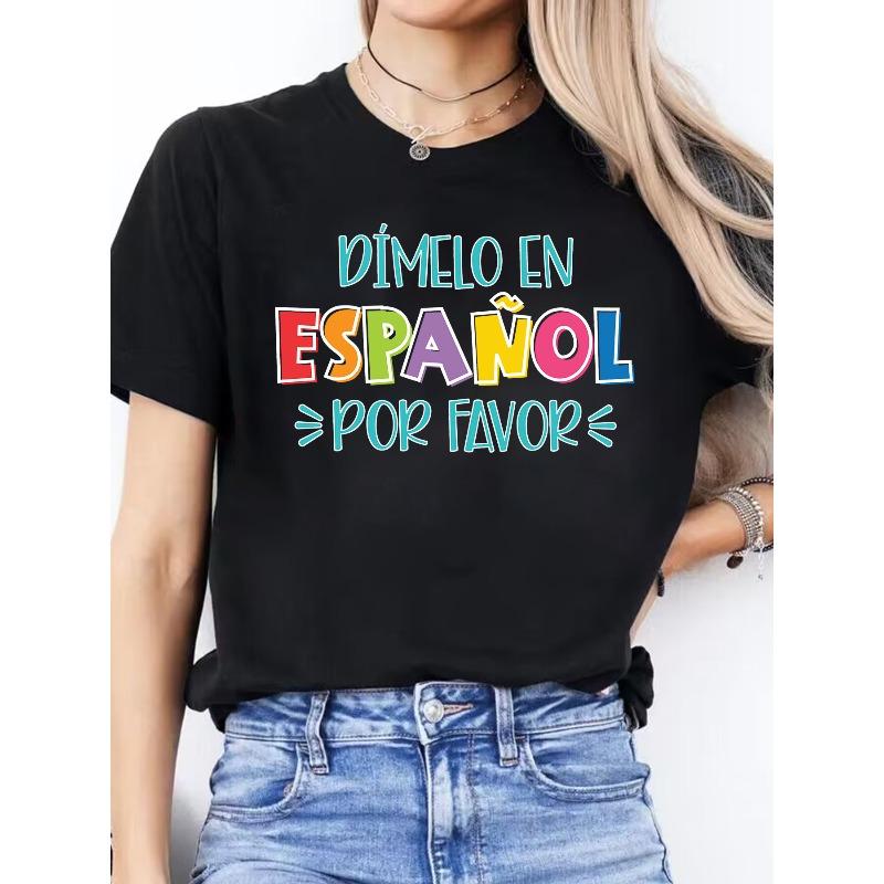 Letter Print Spring Summer Casual T-Shirt Round Neck Short Sleeve Sports T-Shirt Women's Top