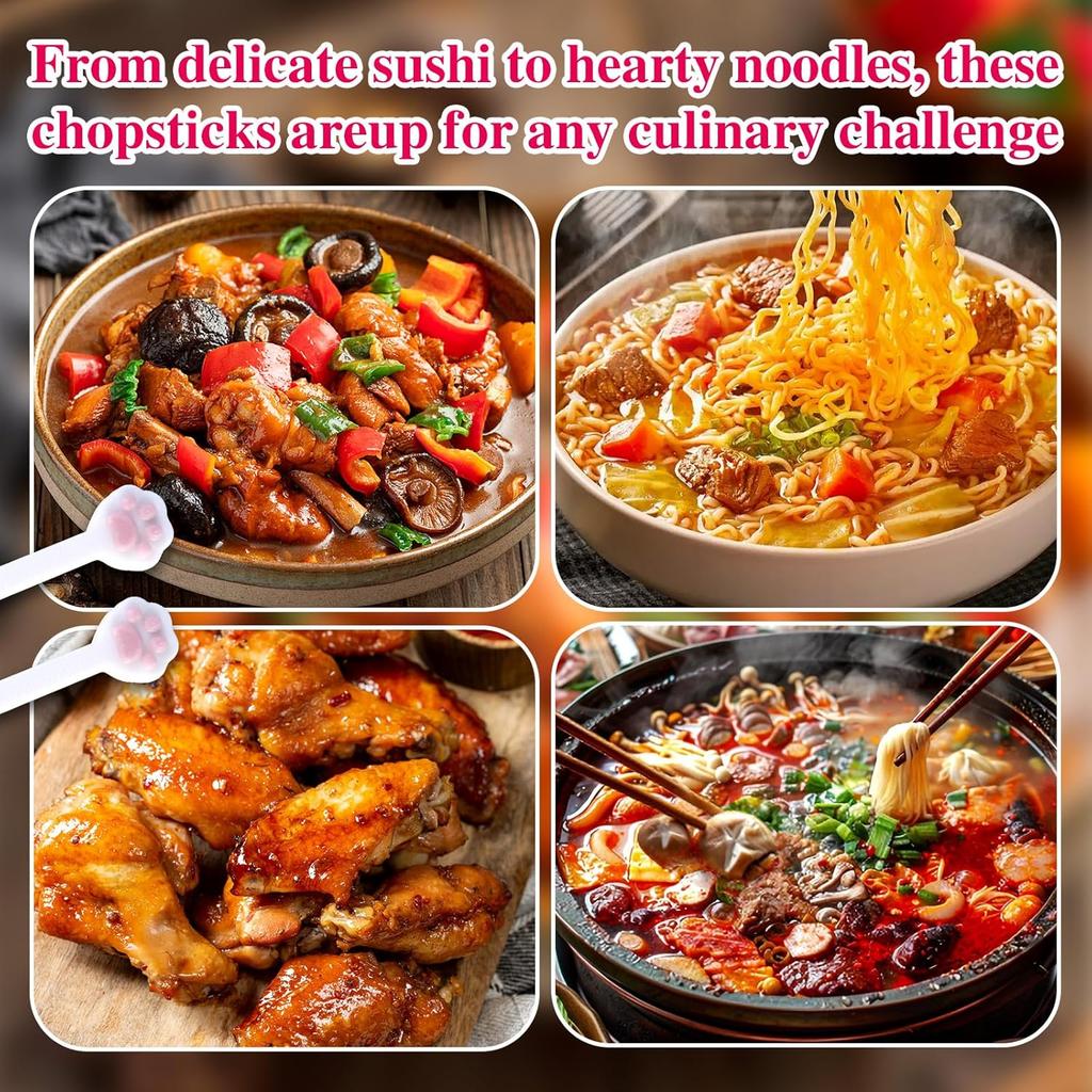 Cat Paw Chopsticks, 2 Pairs Reble Lightweight Non-Slip Grip Eating Chopsticks, Cute Fun Pink Paw Prints, The Perfect Gift for Cat Lovers