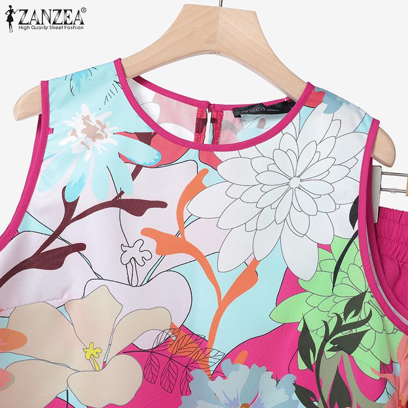 ZANZEA Women Sleeveless Print Tank Tops and Pants Summer Two Piece Suit Sets