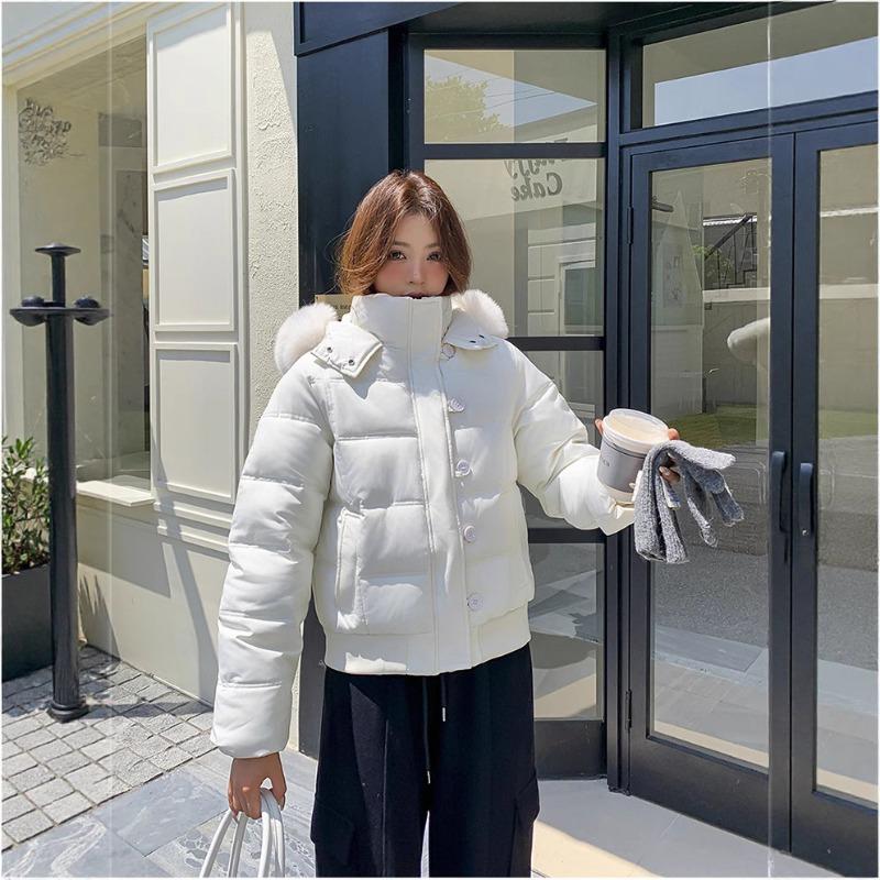 

Navy blue retro big fur collar hooded padded jacket top women s winter short thickened bread jacket padded jacket S белый