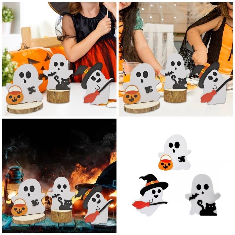 Festives Halloween Wood Ghostly, Black Cats Brooms Pumpkins Table Decorations Wood Tiered Tray Decoration Table Sign