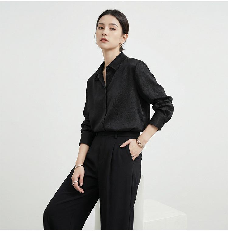 Elegant Women's Jacquard Silk Blouse - Long Sleeve Solid Mulberry Silk Top for Spring 2026