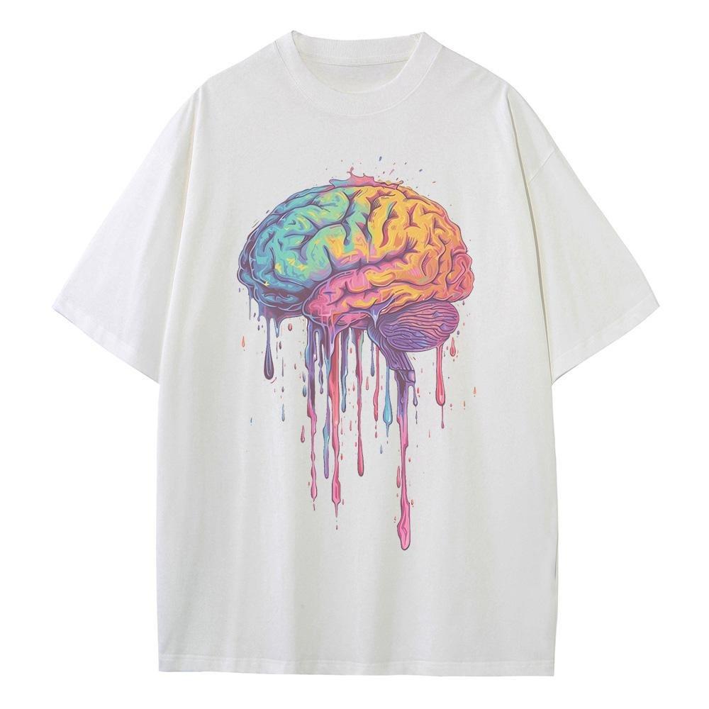 Cotton Graphic T Shirts Colorful Brain Illustration Printed Unisex Tops Heavyweight Drop Shoulder Oversized T Shirt