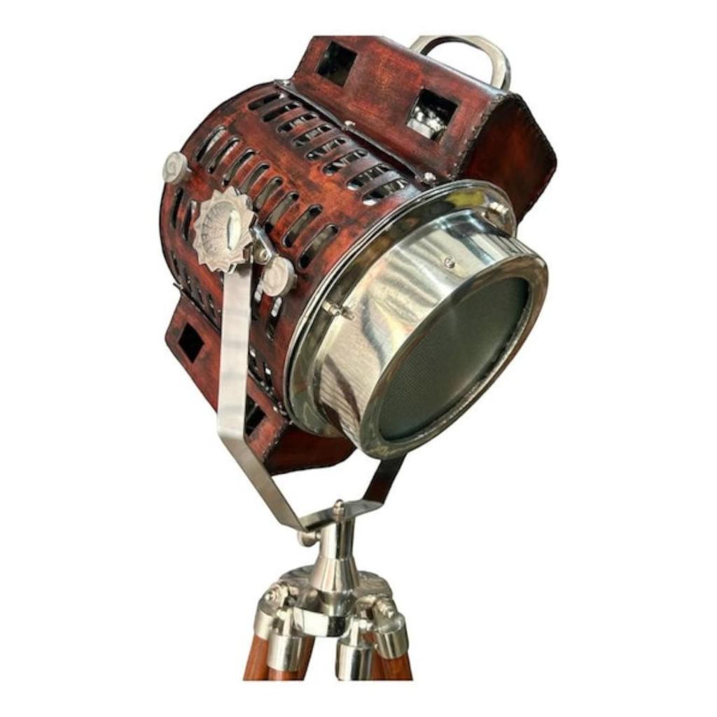 Lampa Trójnóg z Drewna Tekowego Nautyczna Teatralna Industrialna Studio Projektanta Reflektor Reflektor Regulowana Drewniana Lampa Podłogowa Dekoracja Domu Kolekcjonerska