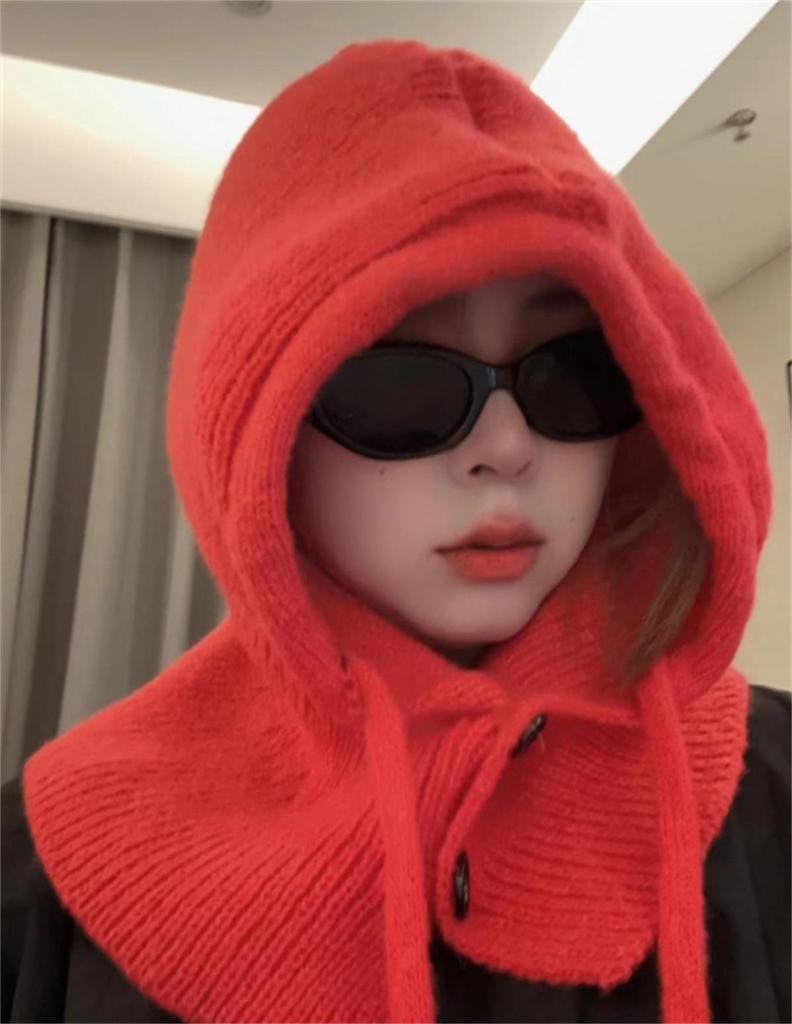 Adult Windproof Balaclava Hat Removable Women's Hood Adjustable Size Warm Cycling Hat Girls Winter Candy Color Knit Pullover Hat