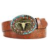 Men's Bull Head Western Leather Belt with Large Buckle