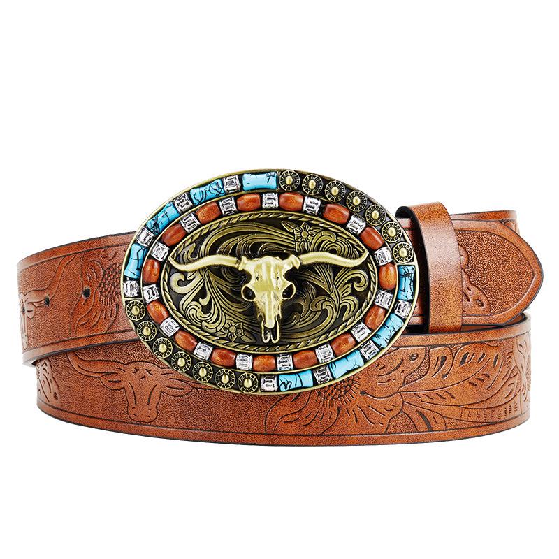 Men's Bull Head Western Leather Belt with Large Buckle