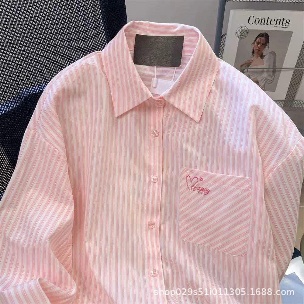 Women s French Pink Embroidered Striped Long Sleeve Shirt - Spring/Summer Sun Protection Casual Top Small