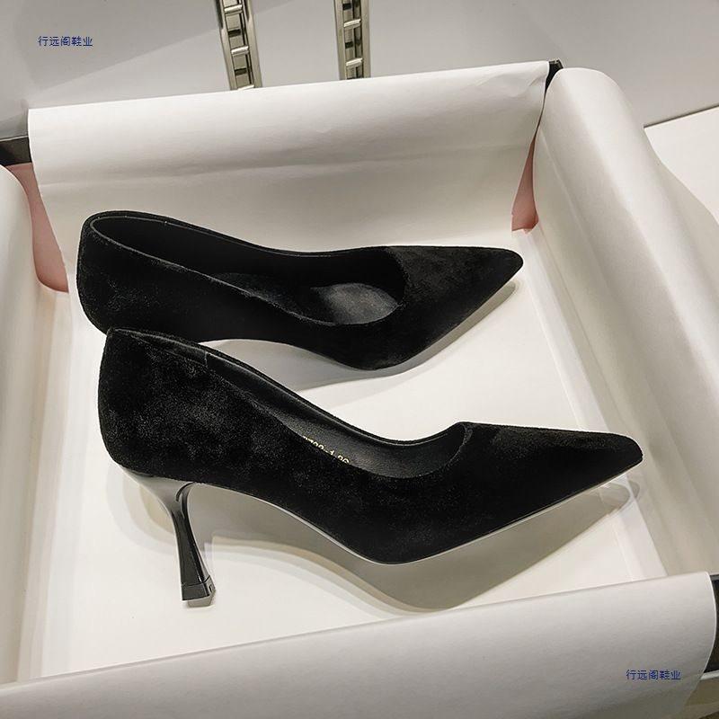 Versatile Suede Black High Heels New Pointed Shallow Mouth Professional Work Shoes Temperament Single Shoes