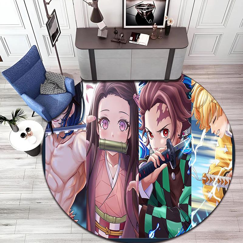 Classic Japanese-style Cartoon Demon Slayer Round Rug, Home Soft Decorative Anti-slip Yoga Mat and Chair Mat, Outdoor Floor Mat Carpet K23