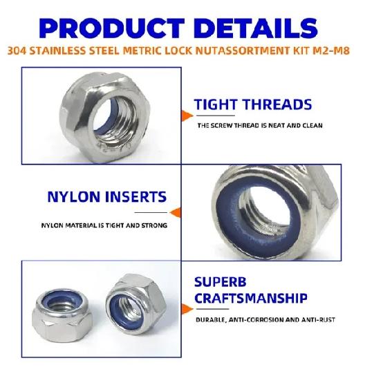 200pcs DIN985 Hex Nylon Insert Self Lock Nut Nylock Locknut Assortment Kit Set M2 M2.5 M3 M4 M5 M6 M8 304 A2-70 Stainless Steel