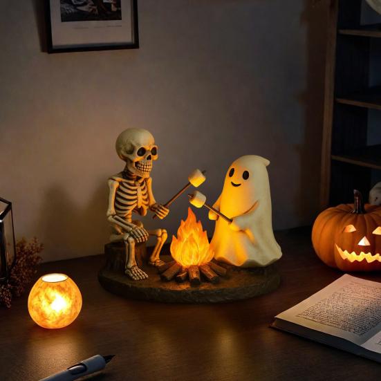 Skeleton Ghost Bonfire Night Lamp Halloween Roasting Marshmallow Ghost Statue Fake Campfire Lamp Home Bedroom Decoration