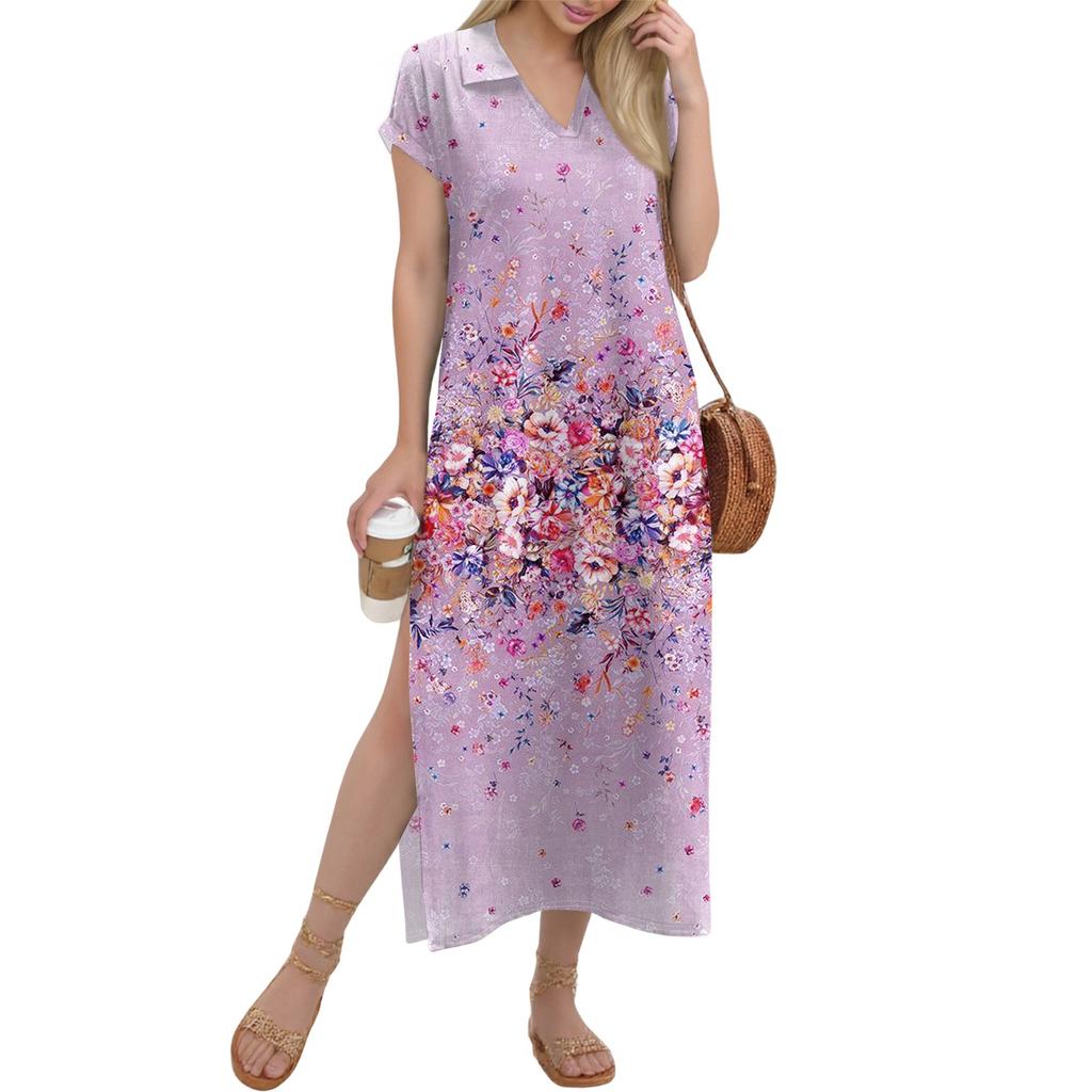 Damen Langer Rock Lässiges V-Ausschnitt Langes Hemdkleid Lockerer Schlitz Urlaub Kurzarmkleid