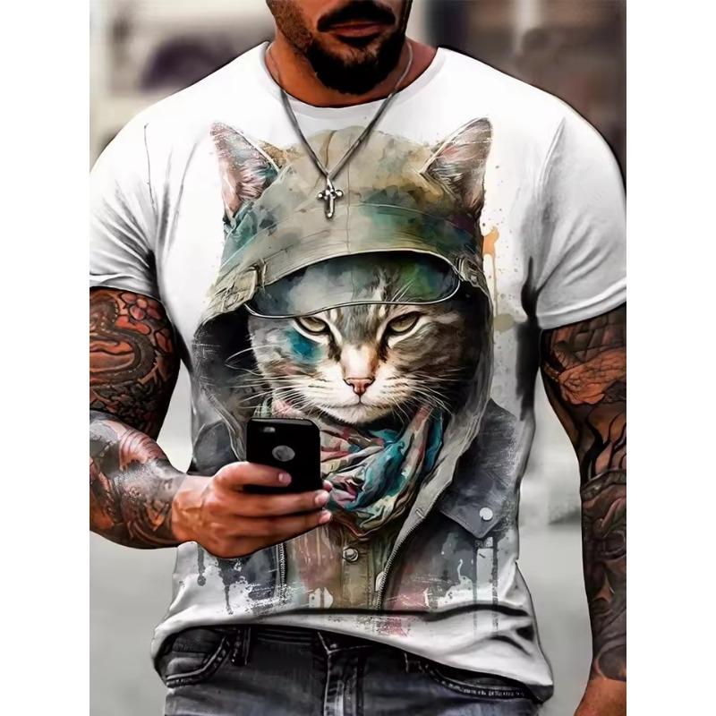 

Summer New Men s Trendy Print Pattern Cat Element T-shirt Fashion Slim Fit Round Neck Short Sleeve Comfortable S