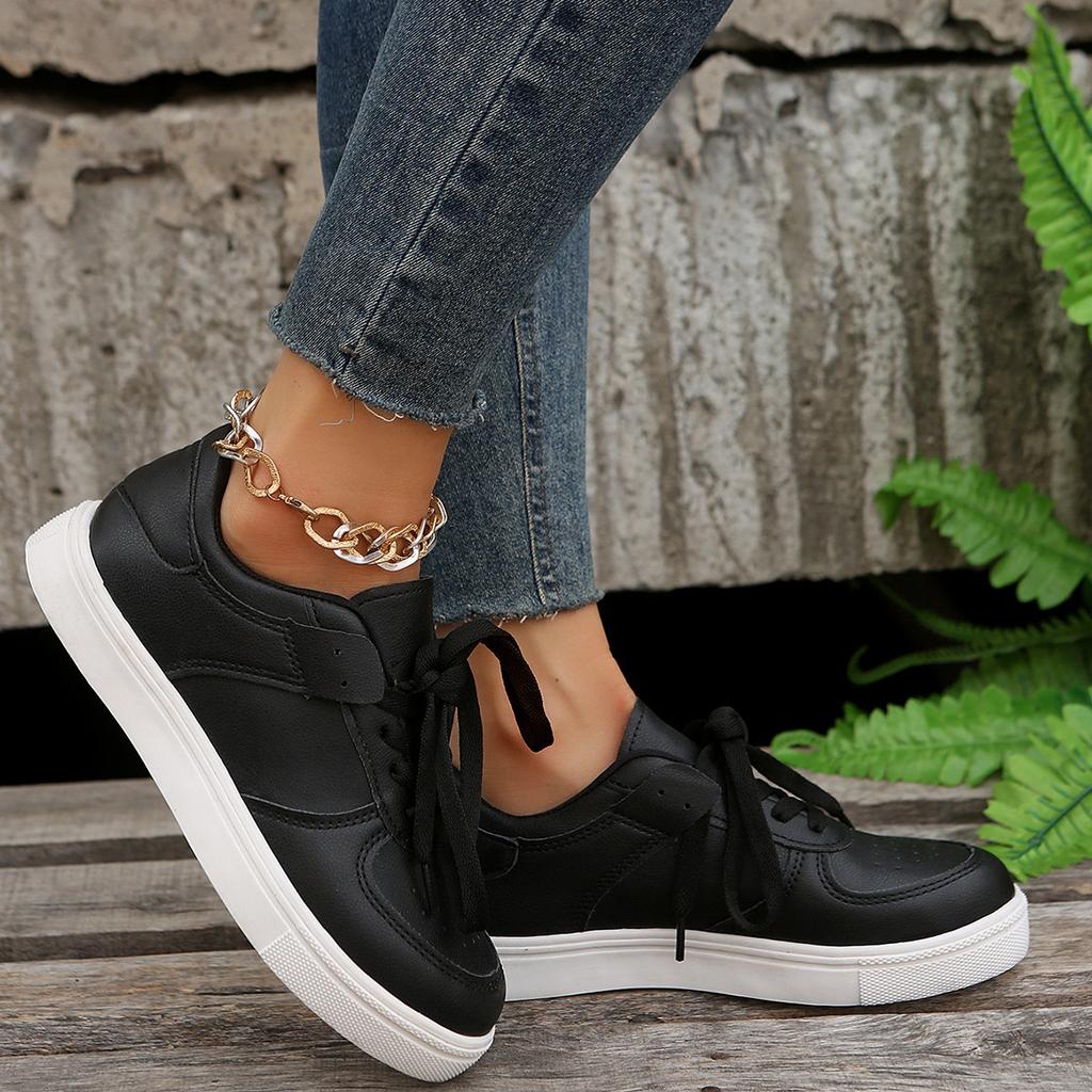 Large Size Solid Color Women's Shoes, New Casual Sports Single Shoes, Flat-bottomed Lace-up Single Shoes