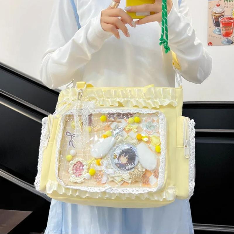 Nuova Borsa a Spalla Dolce Ita Ragazza Lolita Borsa Trasparente a Tracolla Donna Borsa Tote in Pizzo ad Alta Capacità Borsa da Mano Carina per Display Fai da Te