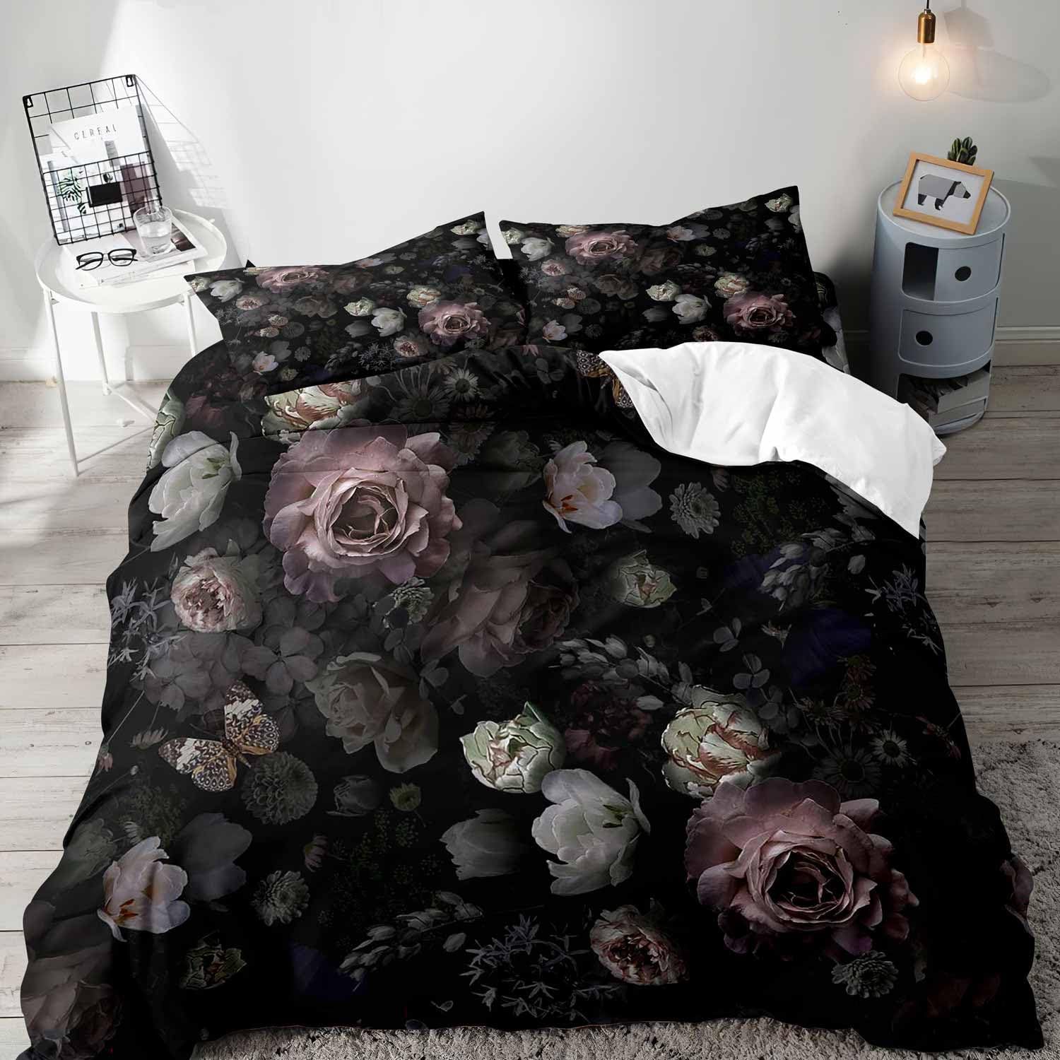 

Black Flower Duvet Cover Gothic Bedding Set Retro Plant Flower Quilt Cover Three-Piece Set EU single 135*200