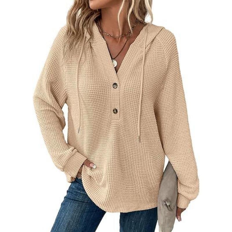 

Waffle Knitted Drawstring Button V-neck Long Sleeve Women’s Hoodies & Sweatshirts S абрикосовый