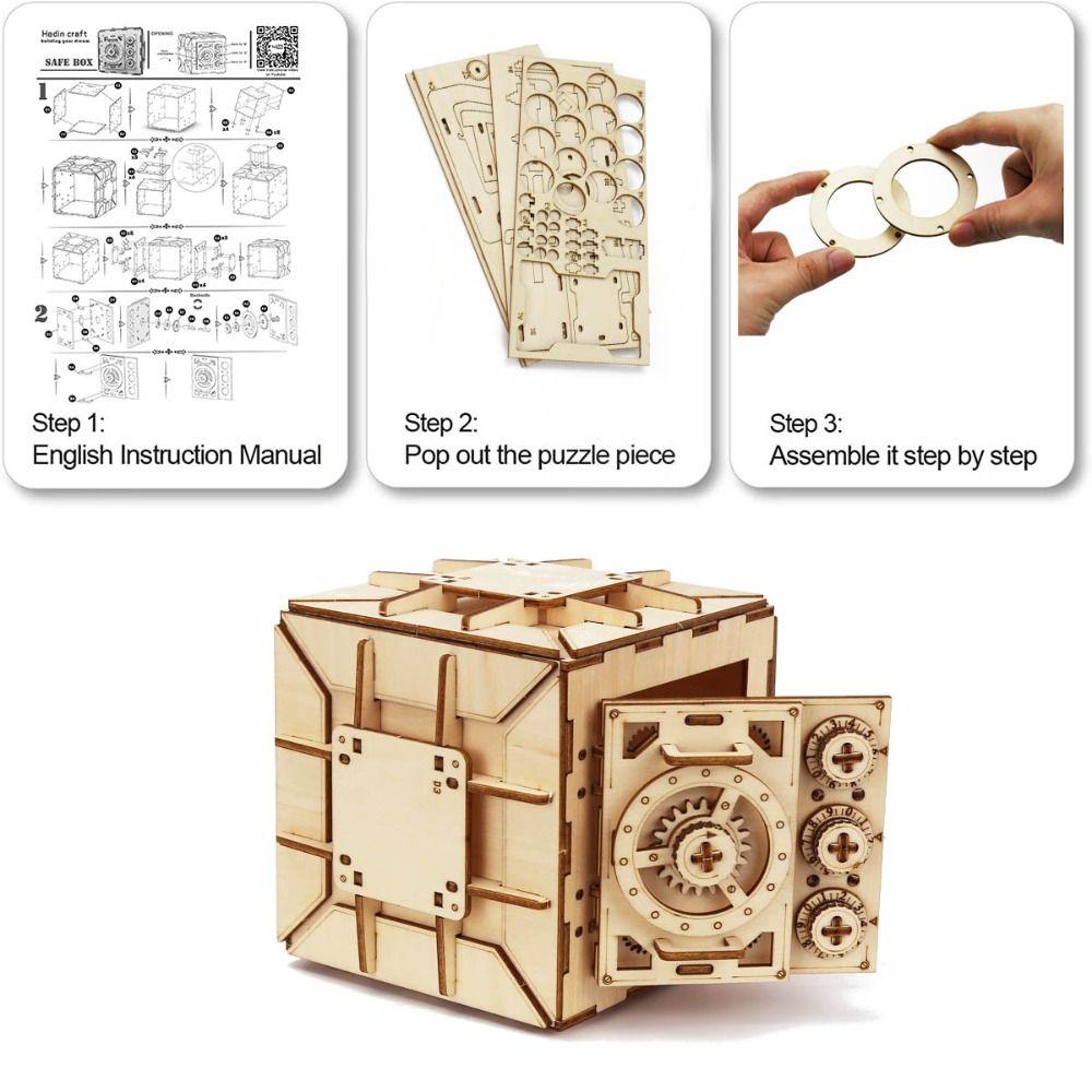 DIY Mynt Bank DIY Mynt Bank Mekanisk Puslespill 3D Tremodell Locker Kit Leketøy for barn