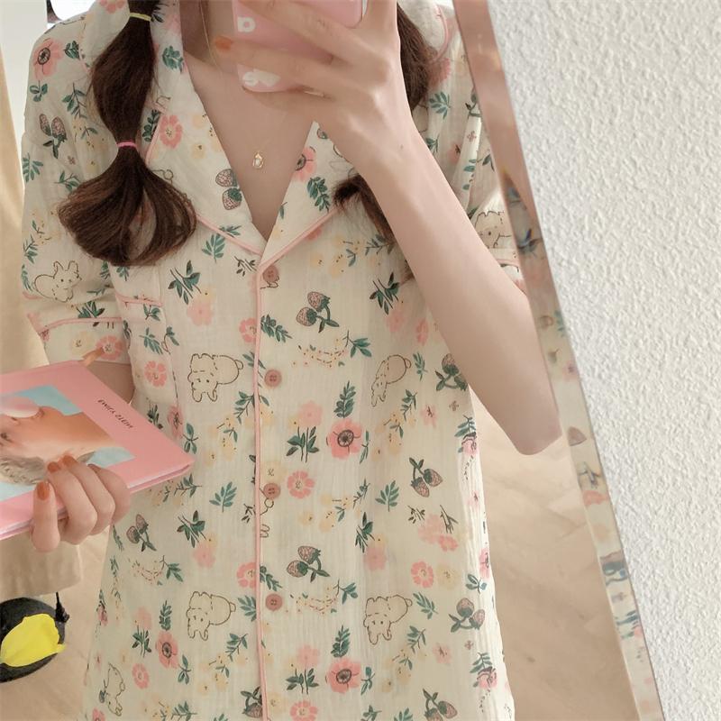 Women's Pajamas Summer Short Sleeve Sleepwear Set Cartoon Cute Rabbit Printed Pyjama Woman Ruffle Home Nightwear Set Cardigan