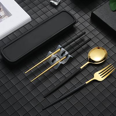 4Pcs Gold Portable Tableware Cutlery Set With Box Spoon Fork Chopsticks Set Stainless Steel Lunch Dinnerware Kitchen Accessories