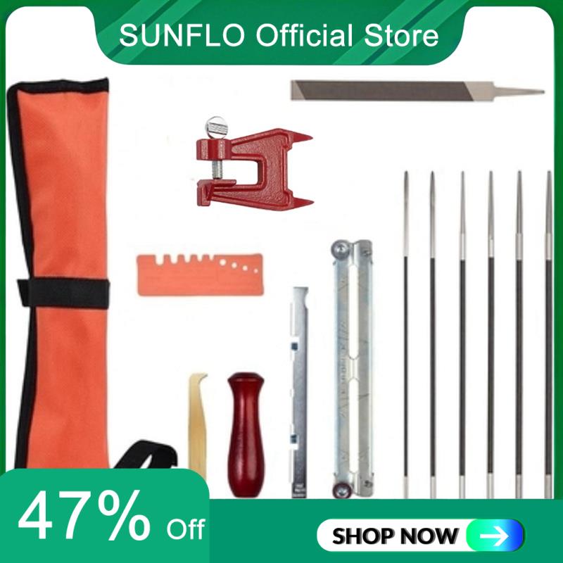 SUNFLO 14 шт. Набор напильников для бензопилы, Заточник для бензопилы с тисками для пня, Круглые напильники, Полный набор инструментов для заточки цепи
