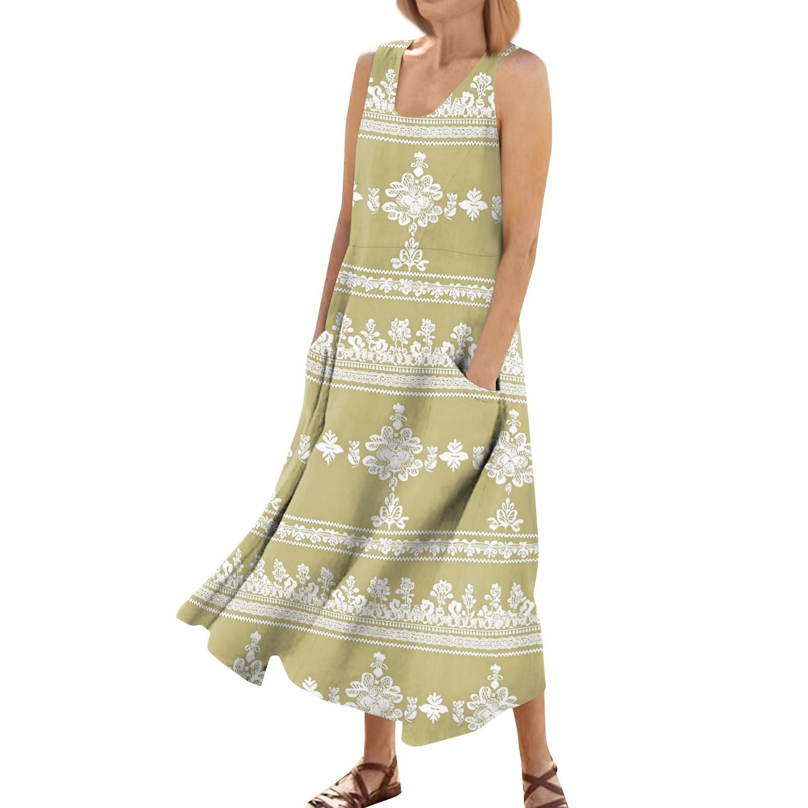 

Женское летнее повседневное модное платье без рукавов с цветочным принтом и карманами Платье без рукавов с карманами S бежевый