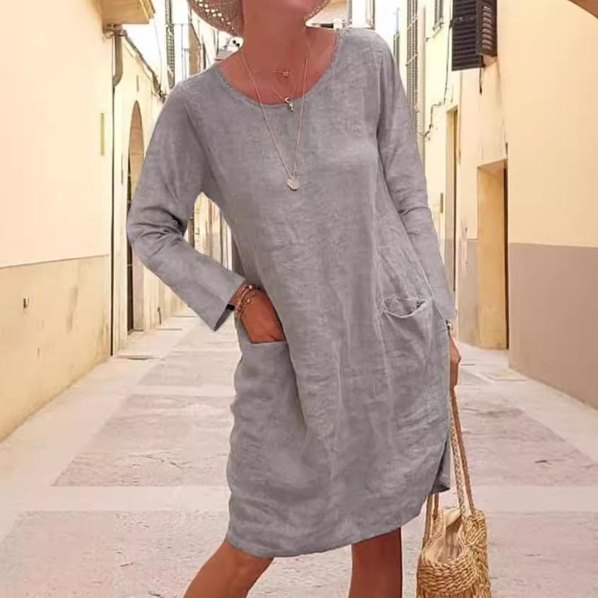 

Летнее женское свободное однотонное платье с карманами, короткими рукавами и круглым вырезом из хлопка и льна L серый