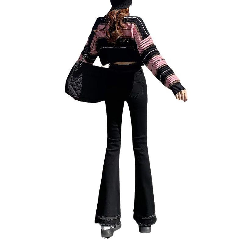 Women's High-Waisted Slimming Black Micro Flare Jeans with Raw Edge - Autumn 2024 Collection