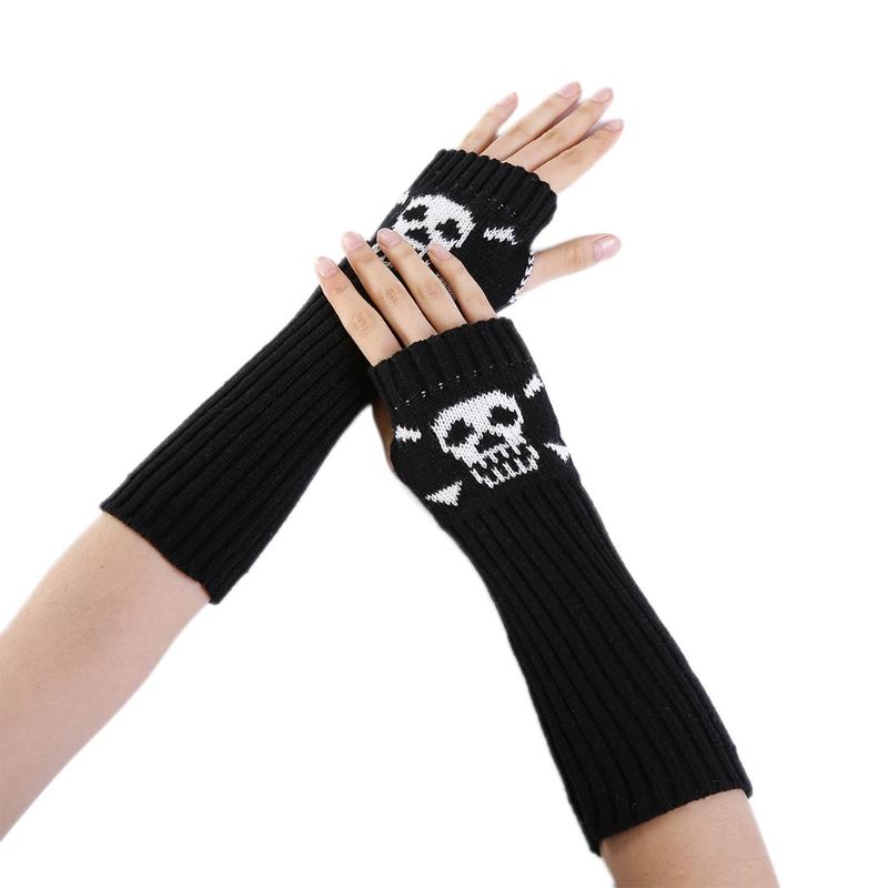 Winter Warme Fäustlinge Strick Fingerlose Armstulpen Warme Fahr-Armstulpen Totenkopf Dehnbar Weiche Handschuhe Halloween Kostüm