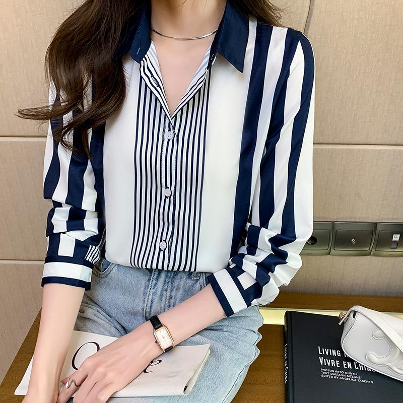 Spring Western Style Casual Blouse Vintage Women's Collar Striped Shirt Top