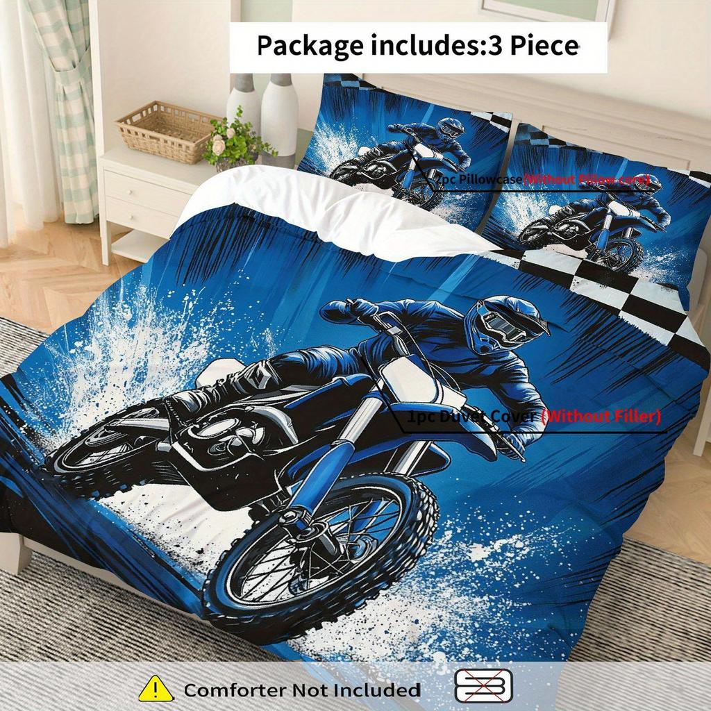 Blue Motocross Bedding Set 3D Print Duvet Cover Pillowcase Set Soft And Durable Fabric For Kids Boys Bedroom Decor