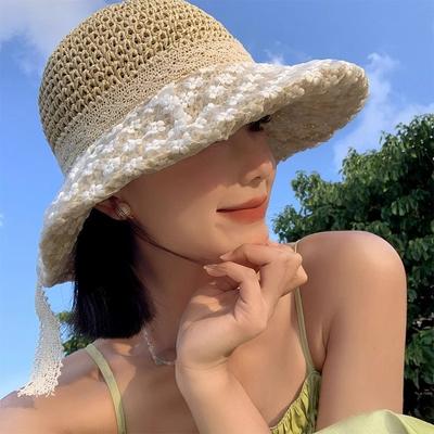 Lace Bow Straw Hat Women's Summer Breathable Large Brim Sunshade Sunscreen Hat Seaside Outing Beach Hat