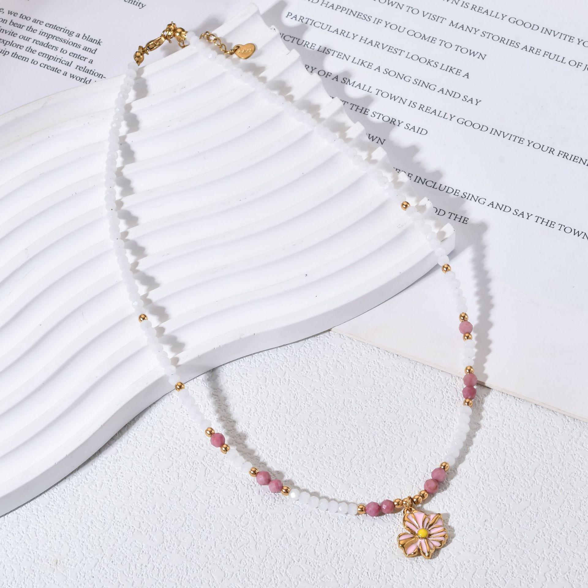Elegant Red Veined Stone Glass Beaded Necklace with Stainless Steel Pendant - Light Luxury Clavicle Chain for Women