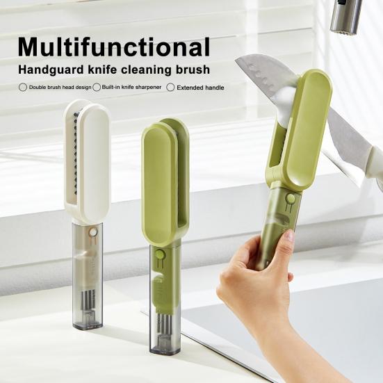 Cleaning Brush with Built-in Knife Edge Sharpener Safety Handle Double-Sided Design Cutlery Brush Sharp Blade Cleaning Tool