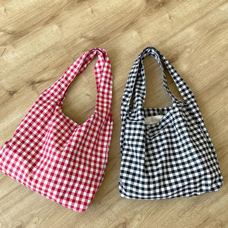 Vintage plaid vest bag large capacity shoulder bag lightweight shopping bag versatile canvas bag schoolgirl