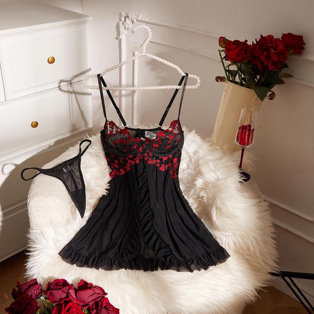 Sheer Rose Embroidery Backless Lingerie Set with Thong & Suspenders