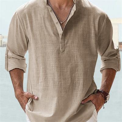 Men's Loose Solid Flax Stand Collar Long Sleeve Shirt Casual Men White Black Shirts for Men Blouse