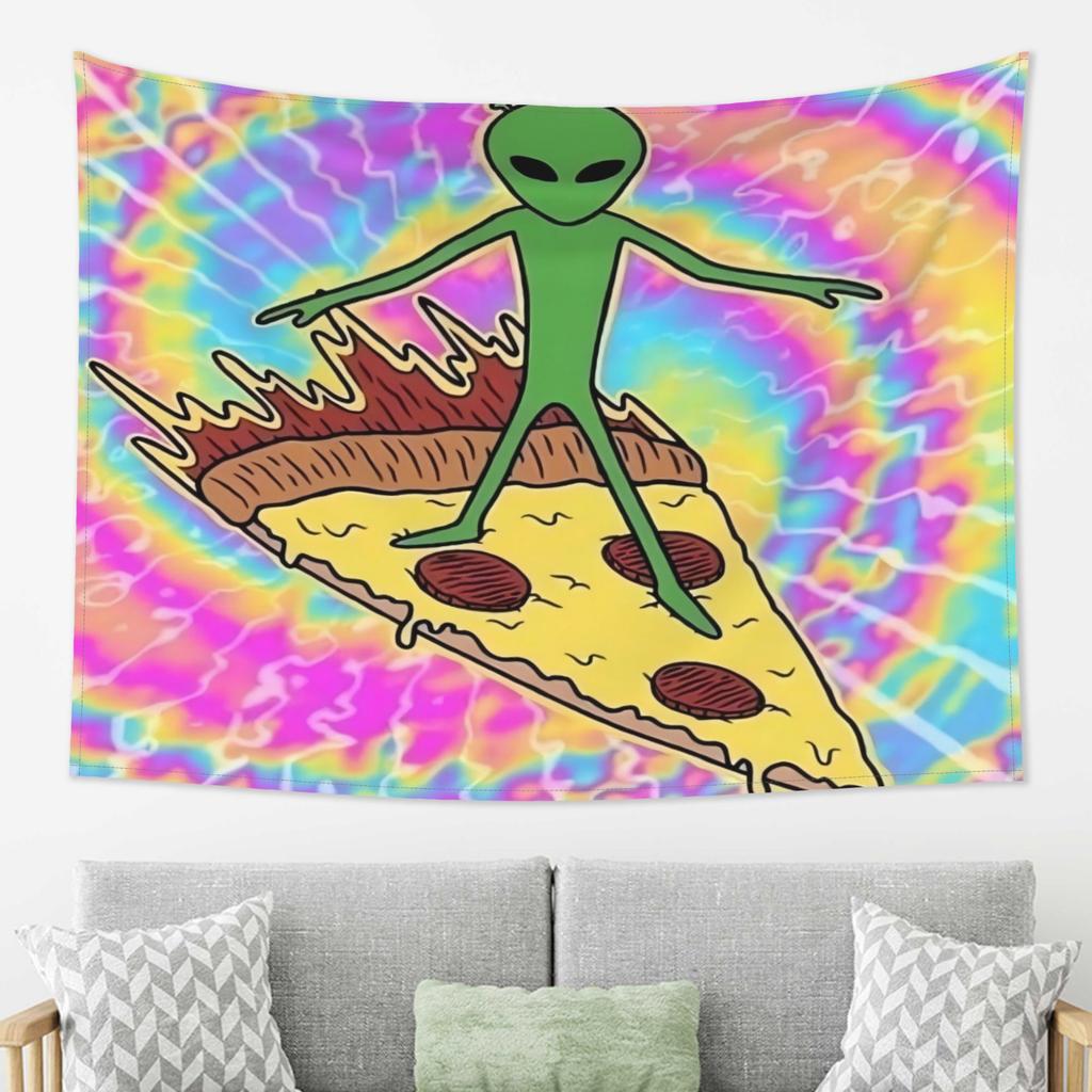 Cute Green Alien on Pizza Tapestry Wall Hanging Neon Pop Art Sci Fi Decor Polyester Print for Space Lovers Room Kitchen Bathroom