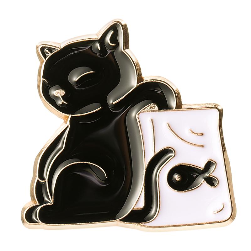 

Feed Myself Enamel Pins Cute Black White Cats Dried Fish Bag Brooches Lapel Badge Cartoon Animal Jewelry Gift for Kids Friends