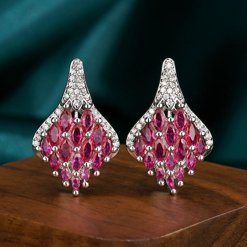 Red Spinel Jewelry Set Women Floral Design Copper Chain Necklace Stud Earrings Fashion OL Style 2025