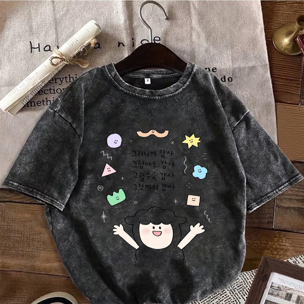 Korean Aesthetic Washed Black Tees Cute Handwriting Bear and Sheep Prints for Fans Shirts for Women Women Clothing