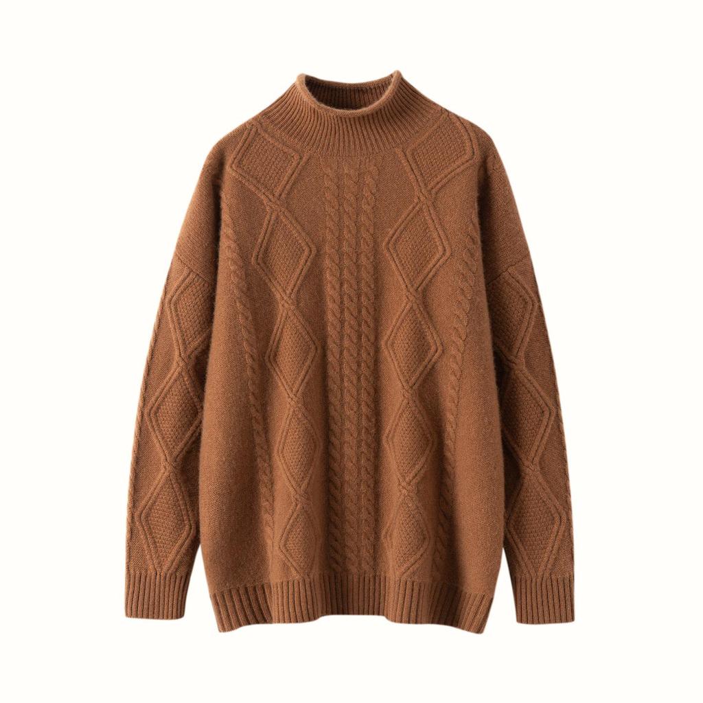 Autumn/Winter 2026 Women's Thickened Diamond Cashmere Sweater: Five-Needle, Three-Strand, Half-High Collar Versatile Base Layer.